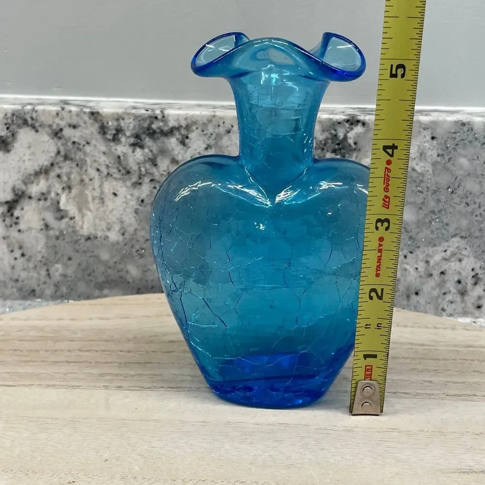 Vintage Blue Hand Blown Heart Shaped Glass Bud Vase Ruffled Rim MCM